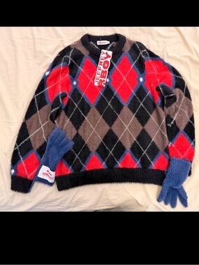 Men's Red, Brown & Blue Argyle Crewneck Sweater
